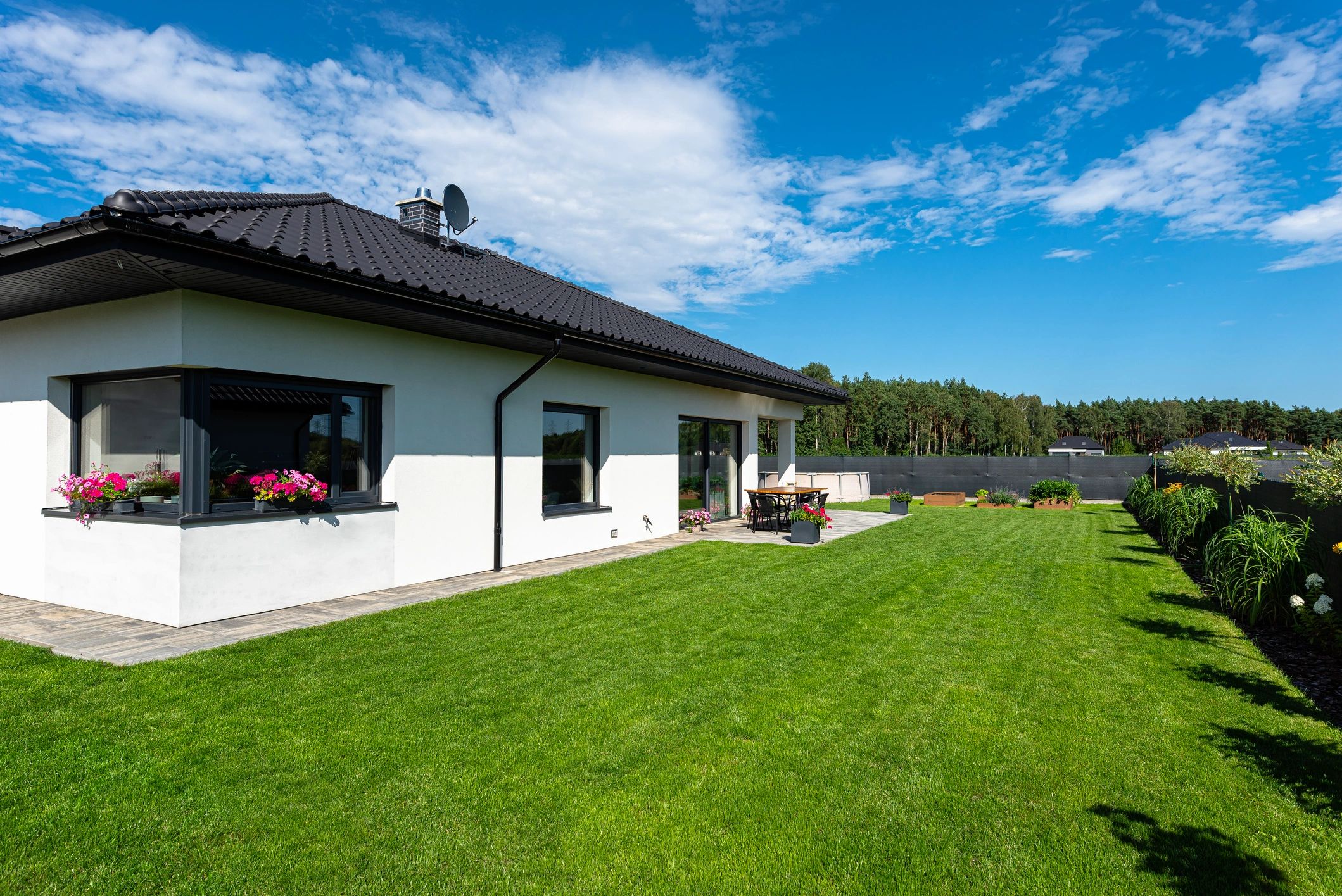 Well-kept home exterior with green lawn and patio